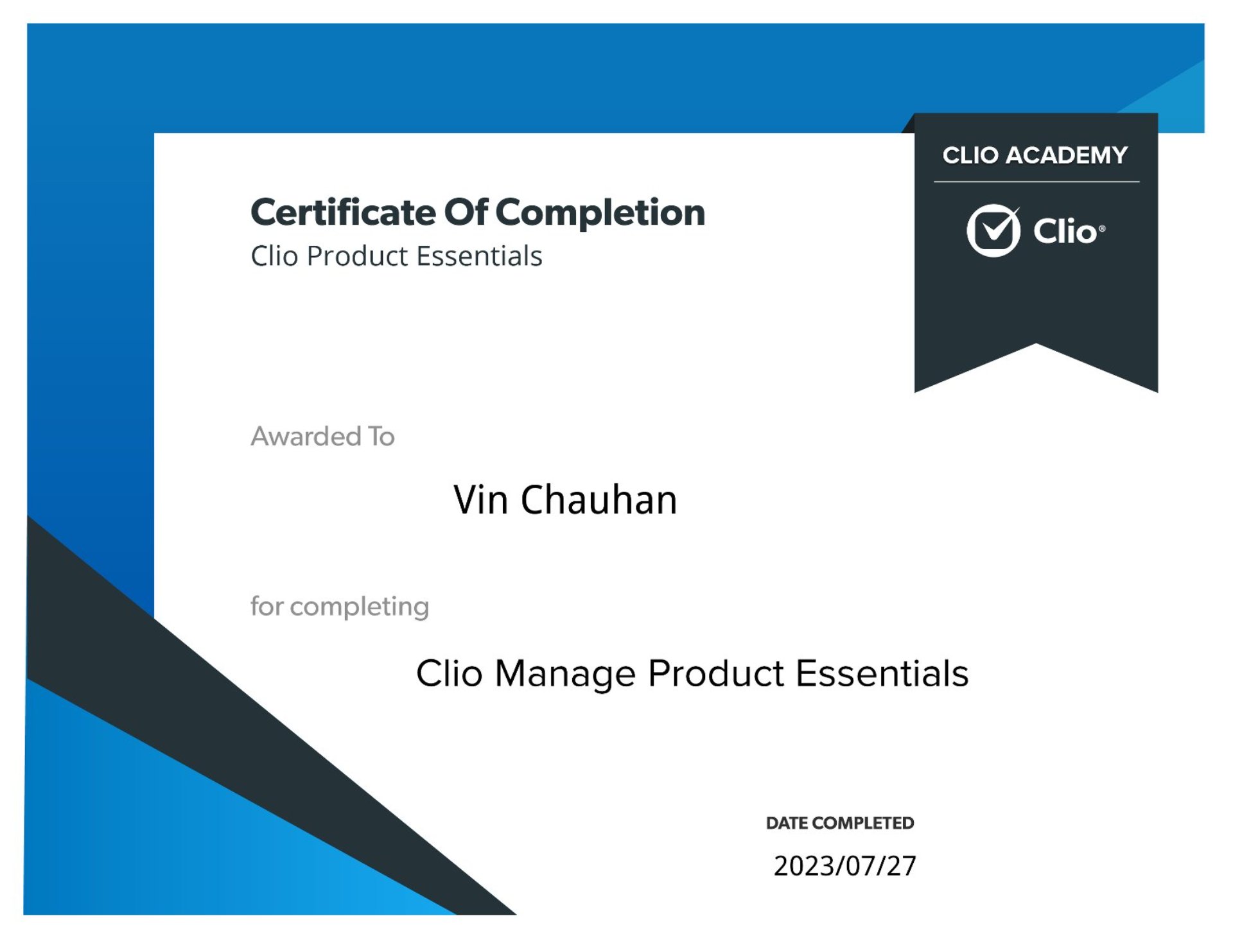 Clio Manage Certified Vin Chauhan Clio Manage Certificate
